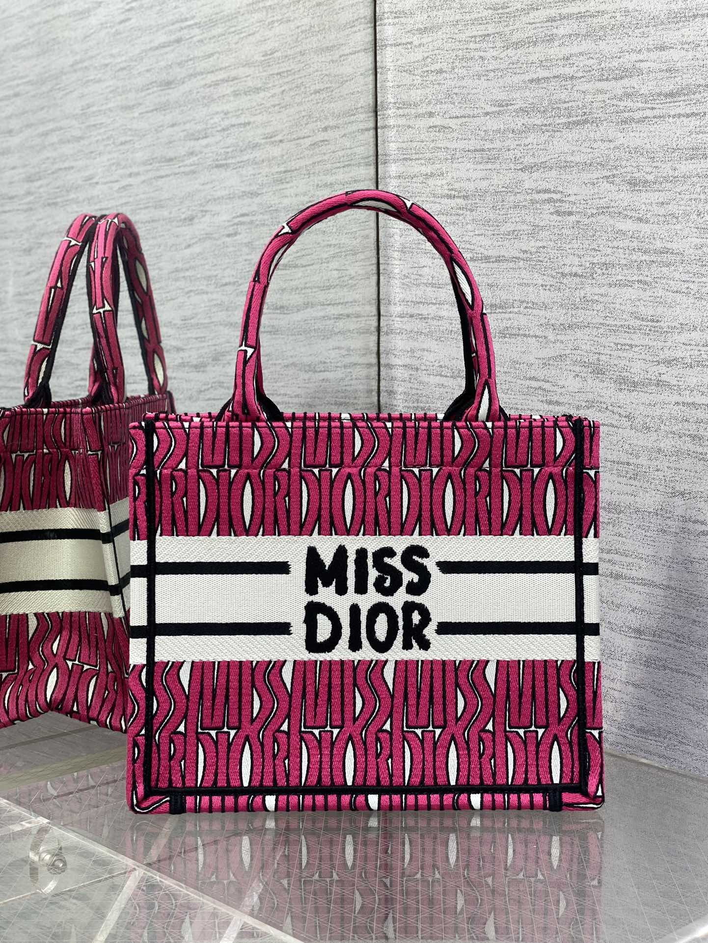 Small Dior Book Tote Bag Red and White Miss Dior Allover Embroidery